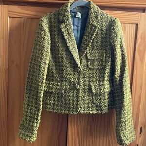 J Crew Chartreuse and Silver Metallic Houndstooth Boucle Blazer Jacket
